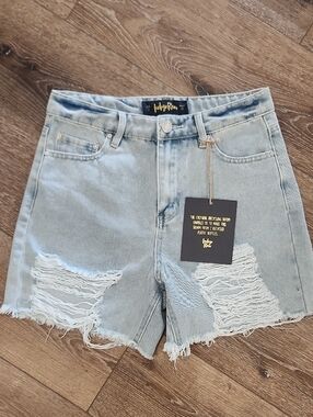 Indigo Rein Recycled Sustainable Light Blue Distressed Grunge High Rise Shorts 7